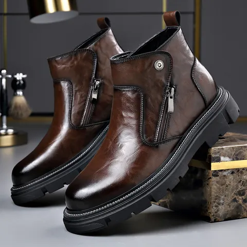 Herren Echtes Leder Martin-Stiefel Britischer Stil Chelsea Boots Mit Seitenreißverschluss Dicke Sohle Warmes Fleecefutter Lässige Retro Kurze Stiefel