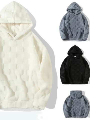 Heren Herfst Winter Verdikte Sherpa Fleece Hoodie Konijnenhaar Mix Geruit Patroon Losse Pullover Met Capuchon Jas Top