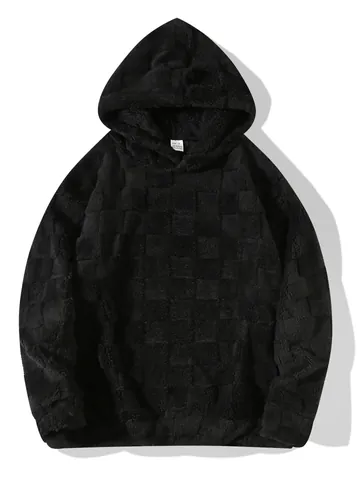 Heren Herfst Winter Verdikte Sherpa Fleece Hoodie Konijnenhaar Mix Geruit Patroon Losse Pullover Met Capuchon Jas Top