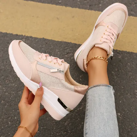 Women Western Platform Sneakers Pink Lace Up Side Zipper Comfortable Wedge Sport Shoes For Daily Wear Plus Size