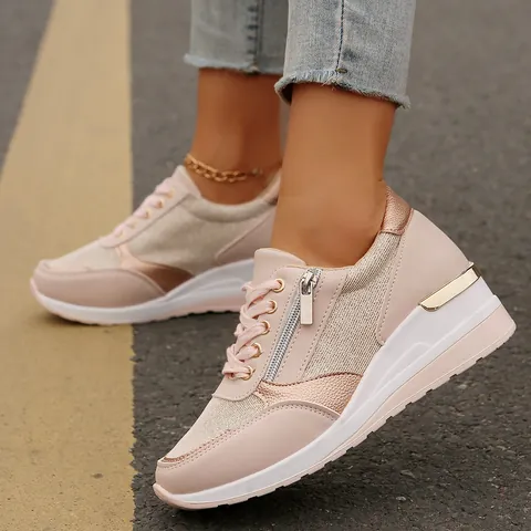 Women Western Platform Sneakers Pink Lace Up Side Zipper Comfortable Wedge Sport Shoes For Daily Wear Plus Size