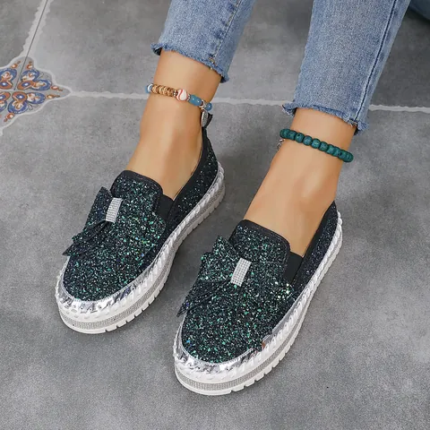 Women Fashion Sequin Bow Rhinestone Flat Shoes Platform Round Toe Loafers Glitter Slip-on Casual Shoes For Women Big Size