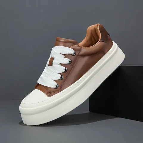 Baskets à Plateforme Décontractées en Cuir Véritable pour Hommes Chaussures à Semelle Épaisse à Tige Basse Avec Lacets Larges Chaussures Tendance pour Jeunes