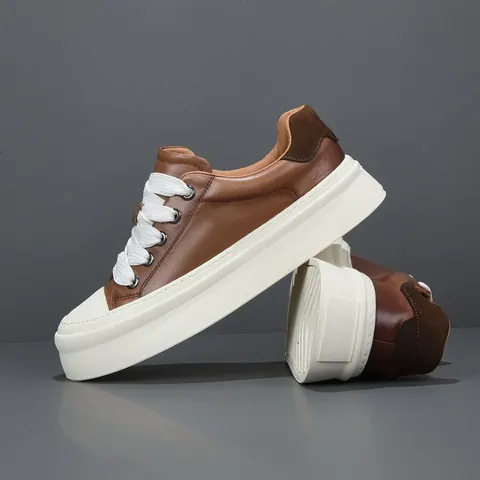 Baskets à Plateforme Décontractées en Cuir Véritable pour Hommes Chaussures à Semelle Épaisse à Tige Basse Avec Lacets Larges Chaussures Tendance pour Jeunes