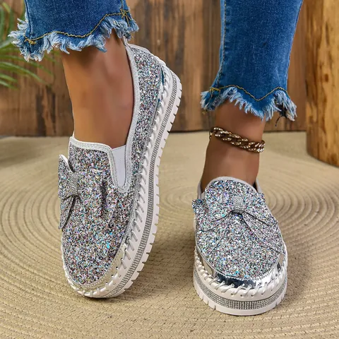 Women Fashion Sequin Bow Rhinestone Flat Shoes Platform Round Toe Loafers Glitter Slip-on Casual Shoes For Women Big Size