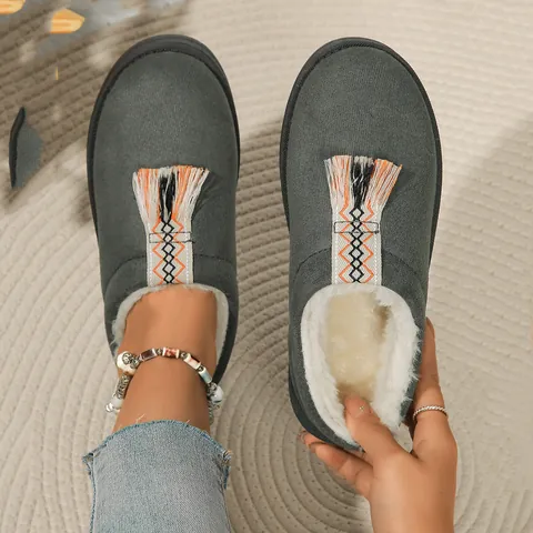 Damen Winter Wildleder Pantoletten Warm Kunstfell Gefüttert Schneestiefel Mit Ethno Quaste Bestickung Slipper Indoor Outdoor Schuhe