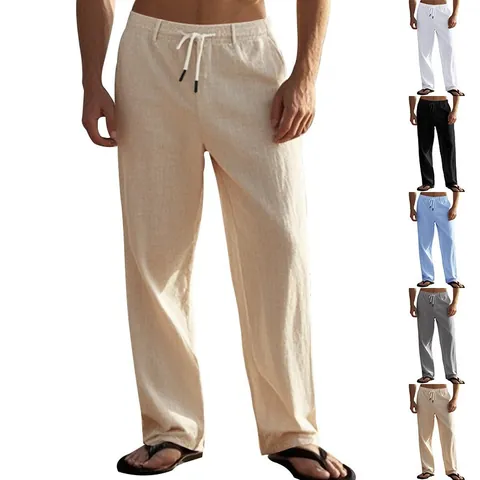 Men's Casual Linen Pants Summer Lightweight Straight Leg Drawstring Waist Trousers Solid Color Beach Bottoms