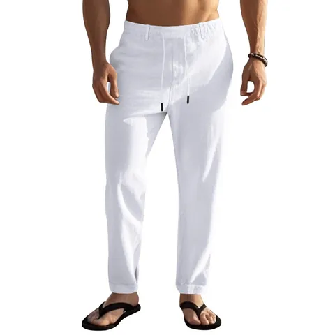 Men's Casual Linen Pants Summer Lightweight Straight Leg Drawstring Waist Trousers Solid Color Beach Bottoms