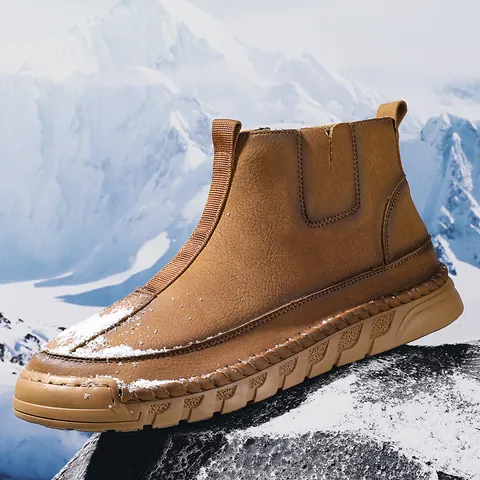 Men Winter Martin Boots Leather Non-Slip Warm Plush Lined Casual Work Boots Slip-On High-Top Outdoor Stitched Fashion Boot