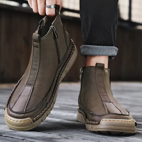 Men Winter Martin Boots Leather Non-Slip Warm Plush Lined Casual Work Boots Slip-On High-Top Outdoor Stitched Fashion Boot