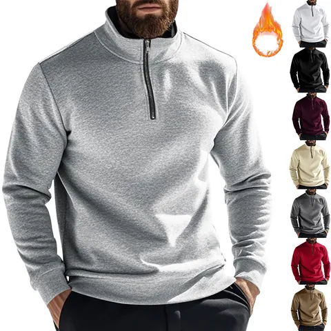 Men's Quarter-Zip Fleece Pullover Sweatshirt Mock Neck Long Sleeve Solid Color Casual Warm Winter Sporty Top