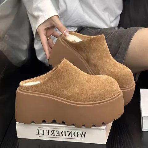 Women's European Style Platform Mules Autumn Winter New Thick Sole Wedge Height Increasing Warm Plush Lining Non-slip Shoes