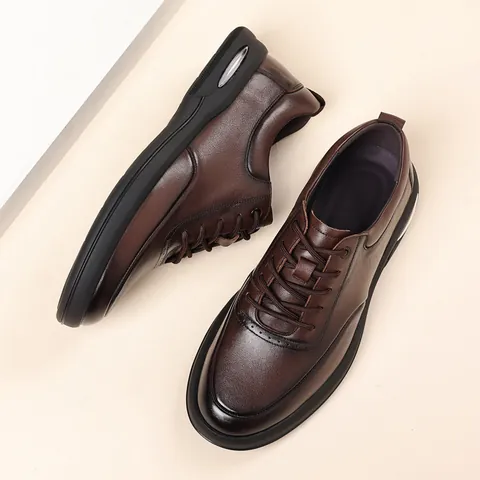 Zapatos Casuales de Negocios para Hombre Cuero de Vaca de Primera Capa Zapatillas Transpirables Suela Gruesa de Cuero Cosido