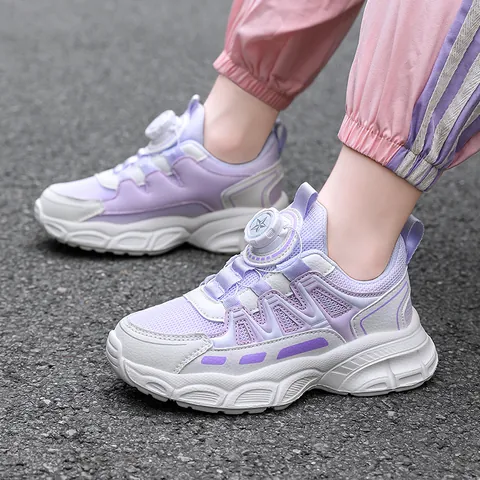 Chaussures de Course Respirantes en Maille pour Filles Baskets Mode pour Enfants avec Bouton Rotatif Laçage Rapide Semelle Souple Antidérapante Chaussures de Sport pour Étudiantes