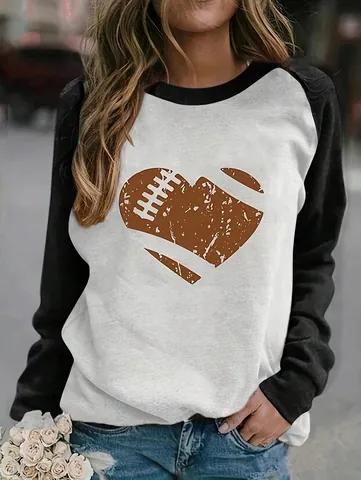 Women's Long Sleeve Raglan Shirt Contrast Color Heart Football Graphic Print Casual Polyester Round Neck Top XY2409101