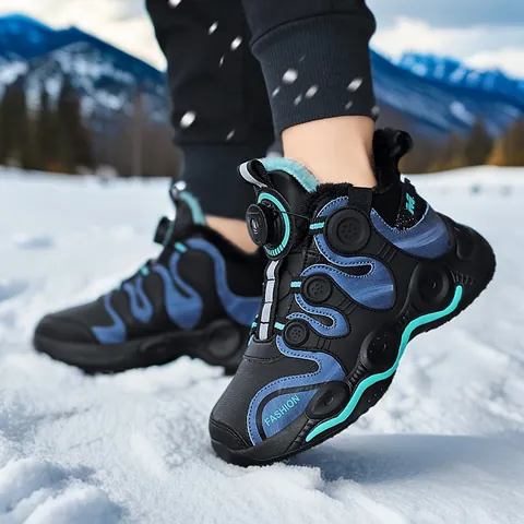 Boys Winter Basketball Sneakers Fleece Lined Warm Sports Shoes With Rotary Buckle Anti-Slip Synthetic Leather Kids Outdoor Casual Shoes