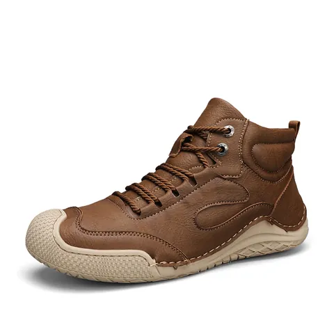 Men High Top Casual Boots Artificial PU Leather Winter Warm Fleece Lined Shoes Handmade Stitched Rubber Sole Outdoor Sneakers