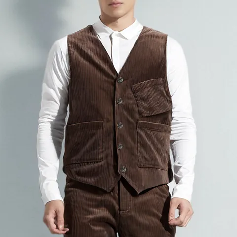 Men Vintage Corduroy Vest British Style Waistcoat Multi-pocket Workwear Top Solid Color Casual Sleeveless Jacket