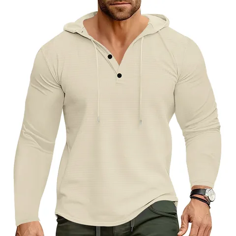 Sudadera Henley Casual para Hombre Punto de Gofre Manga Larga Ajuste Ceñido Poliéster Elastano Pullover Top Otoño Invierno
