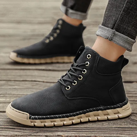 Men's High-Top Outdoor Boots Hand-Stitched Microfiber Leather Lace-Up Non-Slip Casual Work Shoes Autumn Winter Large Size