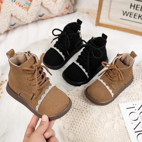 Girls Genuine Leather Ankle Boots Korean Style Lace Princess Martin Boots Fall Winter Side Zipper Soft Sole Toddler Footwear