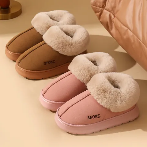 Women Winter Home Cotton Shoes Warm Faux Fur Lining Thick Sole Anti-Slip Suede Indoor Outdoor Full Heel Slippers