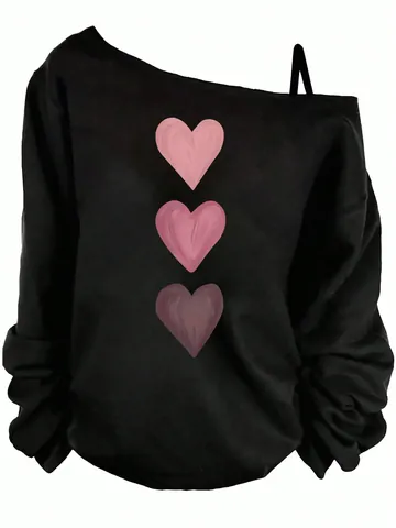 Women Sexy Cold Shoulder Long Sleeve Top Polyester Heart Print T-Shirt Casual Asymmetric Off Shoulder Tee For Spring Fall