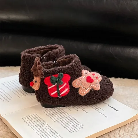 Children's Snow Boots Sherpa Winter Warm Plush Short Boots For Boys Girls Side Zipper Christmas Gingerbread Man Reindeer Toddler Cotton Shoes