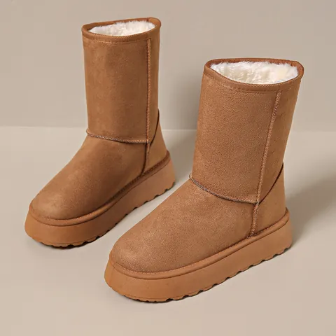 Damen Halblang Schneestiefel Winter Dicke Sohle Runde Zehe Fleece Gefüttert Warm PU Leder Gummisohle Rutschfeste Stiefel