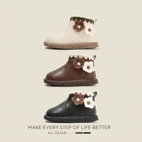 Kleinkind Mädchen Winterstiefel Blumendekor Strickbesatz Fleece Gefüttert PU Leder Rutschfeste Weiche Sohle Schuhe Für Herbst Winter