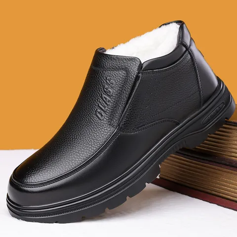 Botas de Nieve Casuales de Cuero de Vaca de Primera Capa para Hombre Invierno Cálido Forro de Lana Zapatos de Caña Alta
