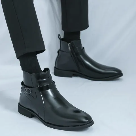 Bottines Chelsea Hommes Style Britannique Bout Pointu Fermeture Éclair Latérale Boucle Ceinture Cuir Microfibre Mode Tige Haute Chaussures Habillées Casual Grande Taille