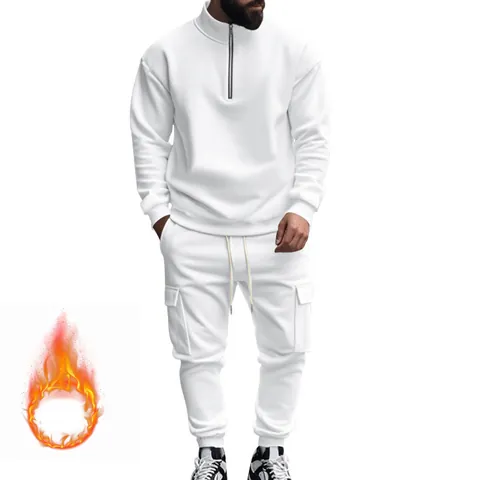 Chándal Casual para Hombre Forro de Lana Cálido Top con Cuello Alto y Media Cremallera y Pantalones Jogger Cargo Ropa Deportiva de Invierno