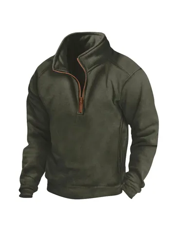 Sudadera de Forro Polar para Hombre con Cuello Alto y Cremallera de Un Cuarto Color Sólido Manga Larga Cálida Casual Otoño Invierno Top