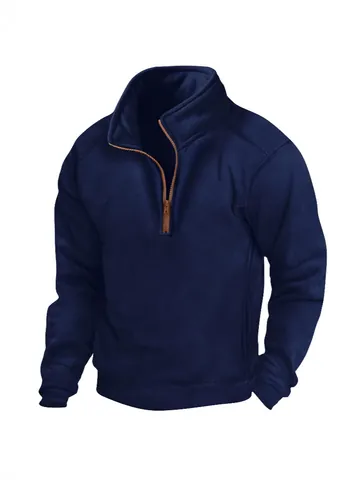 Sudadera de Forro Polar para Hombre con Cuello Alto y Cremallera de Un Cuarto Color Sólido Manga Larga Cálida Casual Otoño Invierno Top