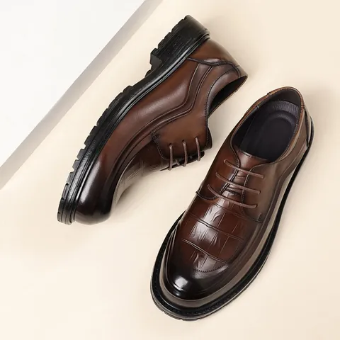 Zapatos Derby de Cuero de Vaca para Hombre Negocios Casual Zapatos de Vestir Formales Patrón de Cocodrilo Suela Gruesa