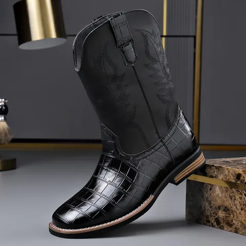 Botas de Vaquero Western Vintage para Hombre Botas Martin de Media Caña Bordadas Con Cremallera Lateral Botas de Cuero Casuales Con Relieve de Cocodrilo