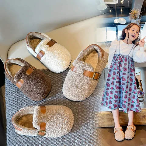 Kids Girls Faux Lamb Wool Cotton Shoes Solid Color Warm Plush Loafers With Leather Metal Buckle For Autumn Winter Outdoor