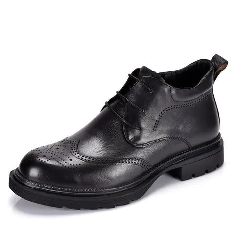 Men's Genuine Cow Leather Martin Boots Brogue Carving Wingtip Lace-up Side Zipper Warm Plush Lining Winter Casual Non-slip Boots