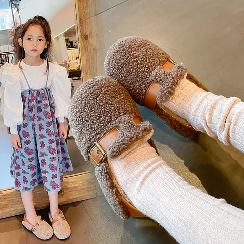 Kids Girls Faux Lamb Wool Cotton Shoes Solid Color Warm Plush Loafers With Leather Metal Buckle For Autumn Winter Outdoor