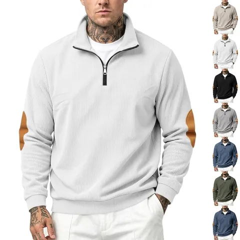 Men Vintage Amekaji Corduroy Sweatshirt Stand Collar 1/4 Zipper Pullover Elbow Patches Relaxed Fit Long Sleeve Casual Top