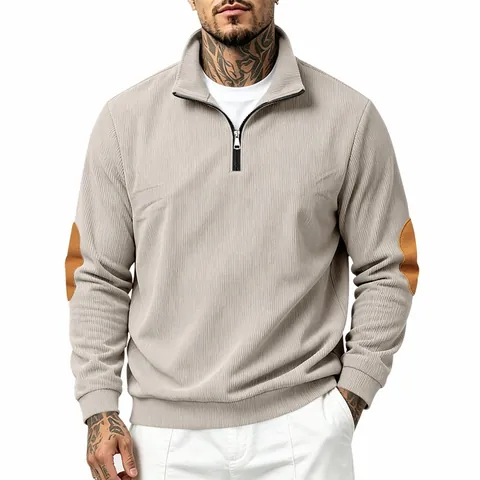 Men Vintage Amekaji Corduroy Sweatshirt Stand Collar 1/4 Zipper Pullover Elbow Patches Relaxed Fit Long Sleeve Casual Top