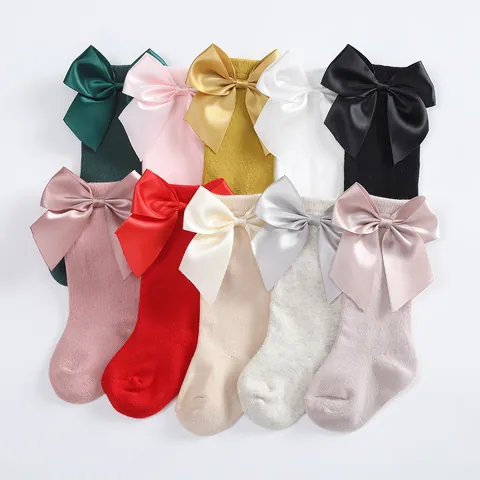 Spanish INS Style Toddler Baby Girls Cotton Tube Socks Large Satin Bow Knee High Princess Socks For Autumn Winter