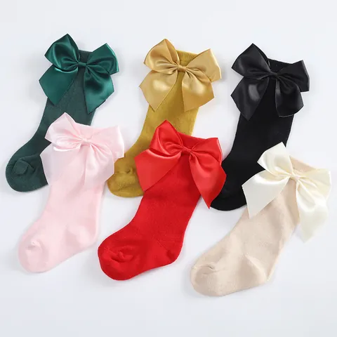 Spanish INS Style Toddler Baby Girls Cotton Tube Socks Large Satin Bow Knee High Princess Socks For Autumn Winter