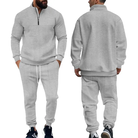 Conjunto De Camiseta Y Pantalón Jacquard Para Hombre Cuello Alto Media Cremallera Sudadera Y Pantalones Deportivos Streetwear Casual