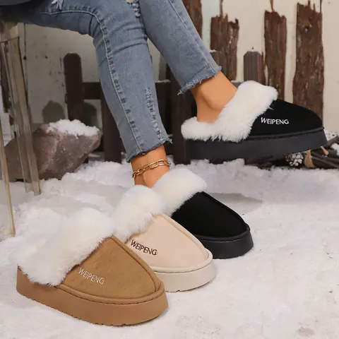 Damen Winter Warm Plateau Baumwolle Hausschuhe Wildleder Kunstfell Gefüttert Dicke Sohle Rutschfest Haus Schuhe