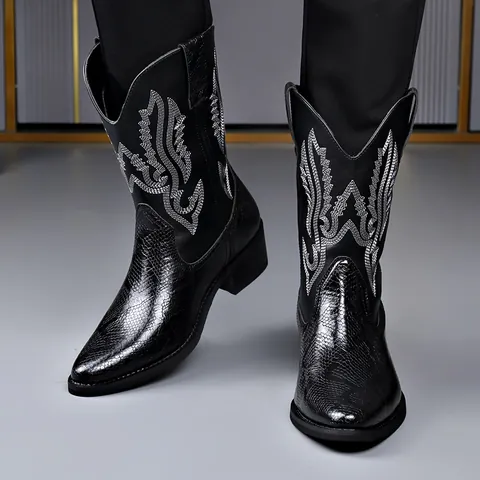 Herren Western Cowboy Stiefel Mikrofaserleder Bestickt Spitze Zehenpartie Retro Ritter Motorradstiefel Schlangentextur Wadenhoch Herbst Winter
