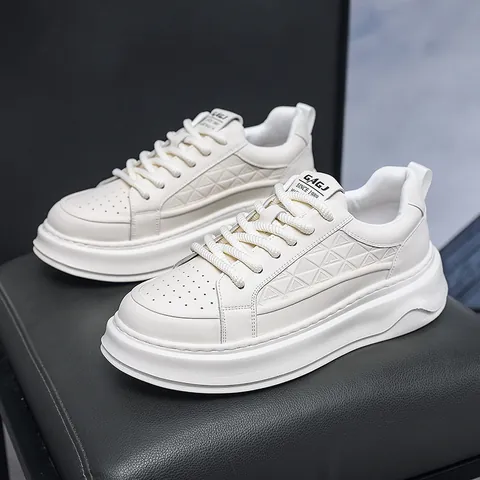 Men Autumn New Thick Sole Board Shoes Two-Layer Cowhide Casual White Sneakers Non-Slip Rubber Sole Youth Trendy Sports Shoes
