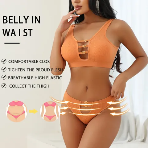 Seamless Ribbed Lingerie Top And Bottom Set Sexy Cut Out Bra Thong Set With Heart Metal Buckle Push Up Breathable Intimates