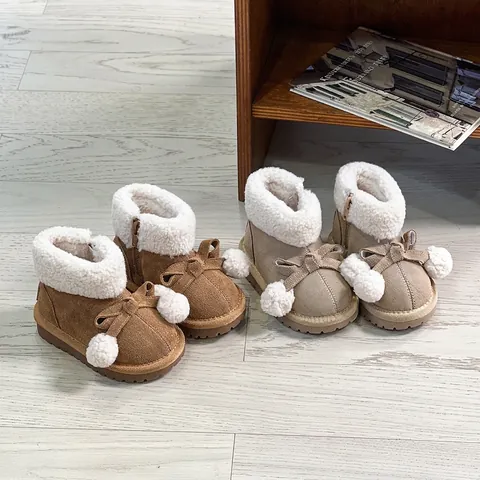 Kleinkind Baby Mädchen Winter Schneestiefel Warm Kunstpelz Gefüttert Wildleder Schleife Bommel Weiche Sohle Kids Schuhe